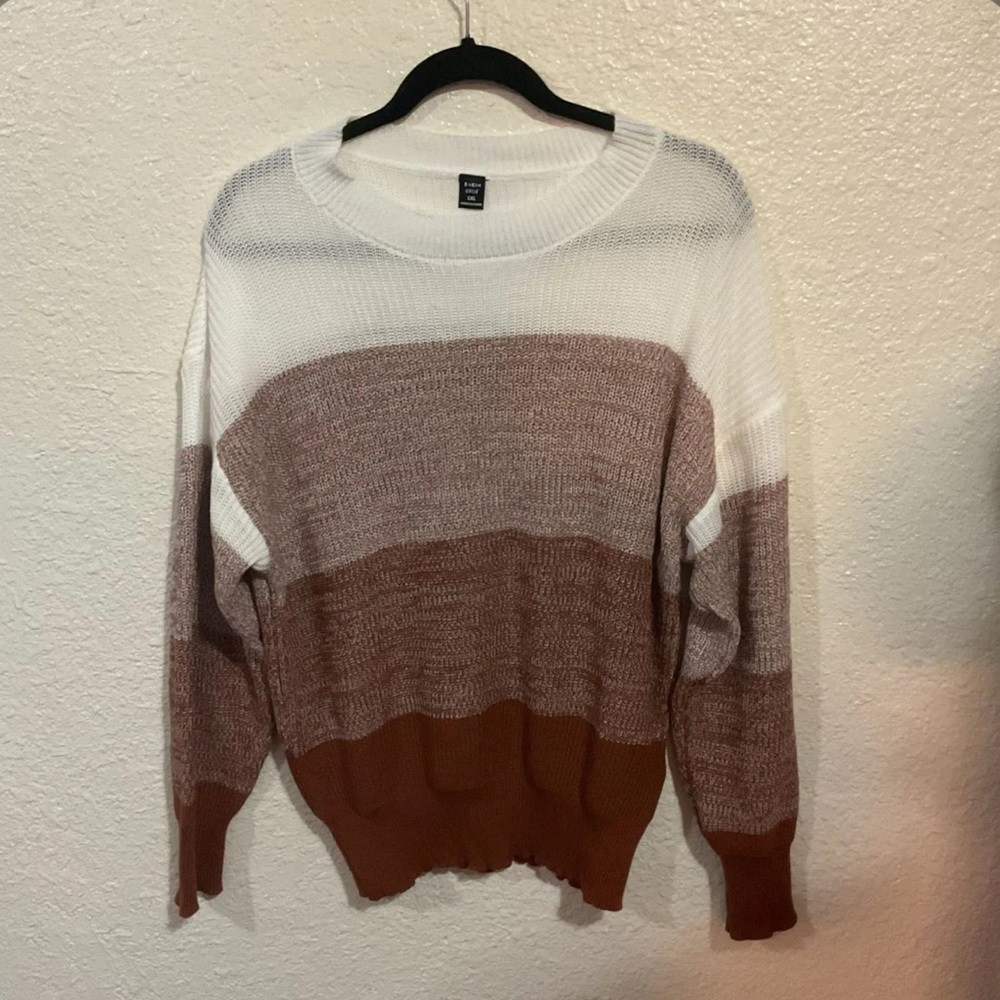 SHEIN Women's Colorblock Sweater - White and Brown